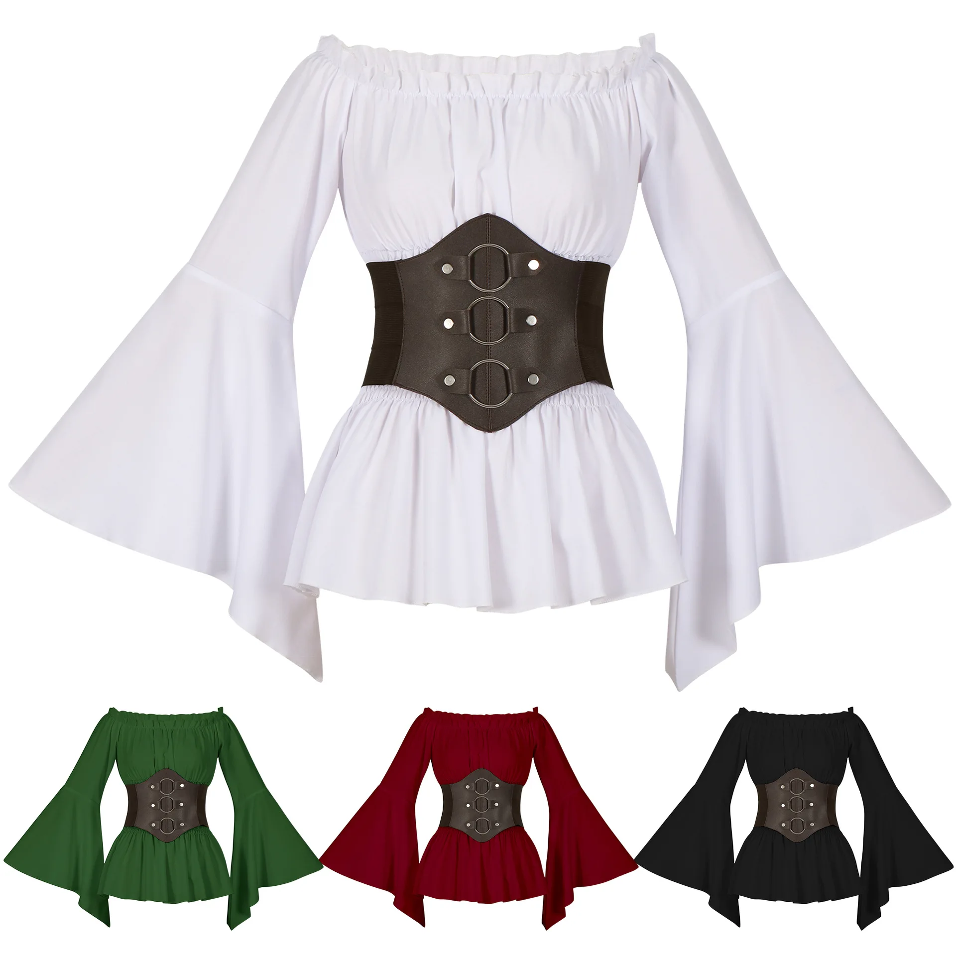 Pirate Medieval Renaissance Long Sleeved Shirts Waistband Top Wide Leather  Armor Belt Steampunk Waist Blouse Pirate Costumes