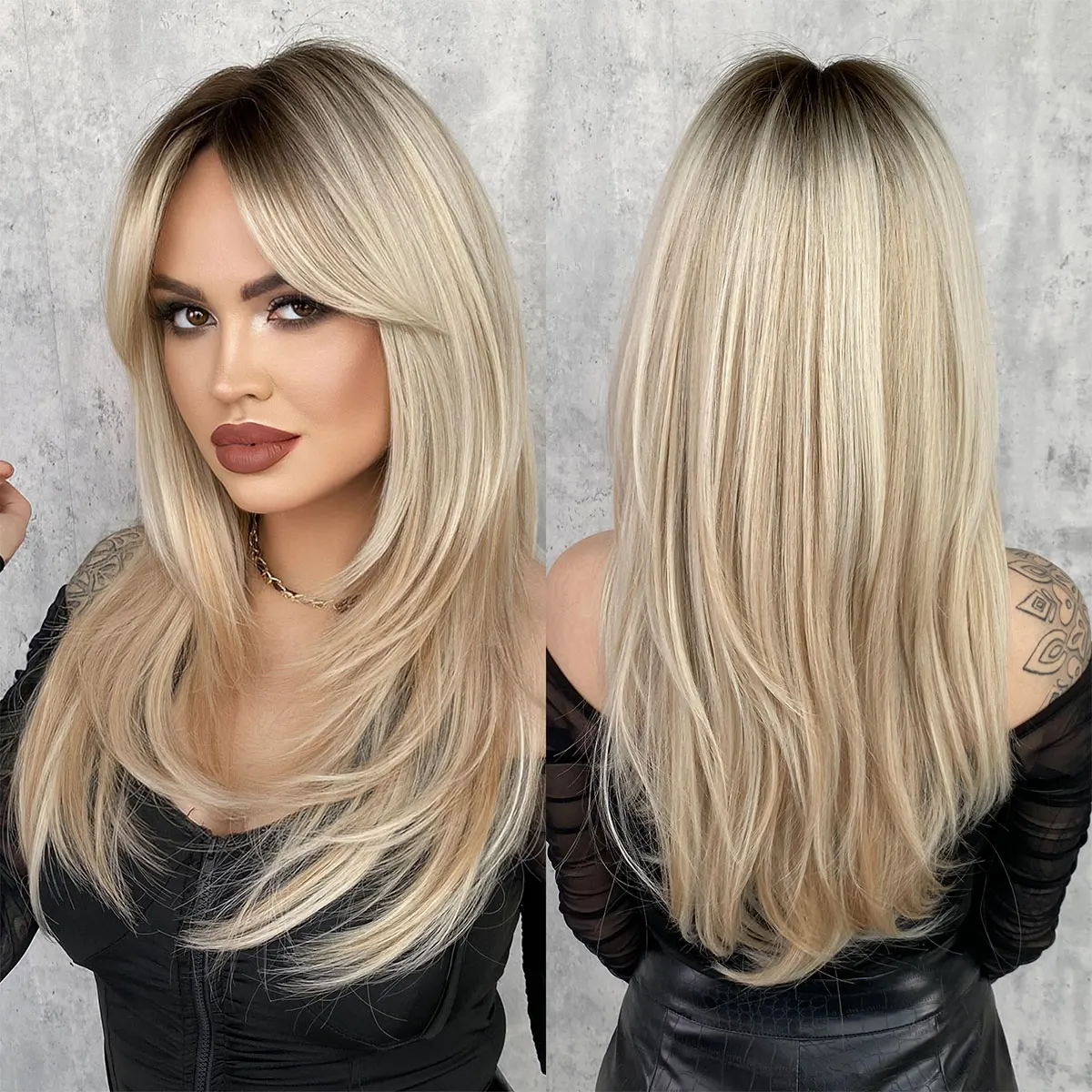 Honey Blonde Long Layered Synthetic Wig with Bangs for Women