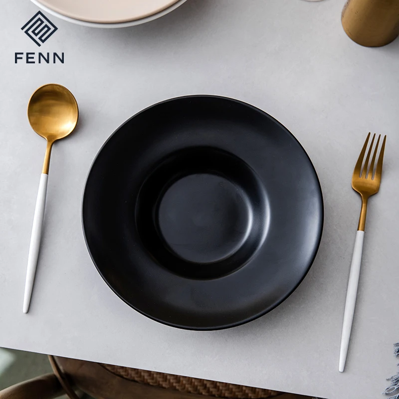 FENN Modern Style Custom Logo Color Porcelain Hat Plate Matte Ceramic Round Deep Soup Noodle Pasta Plates For Restaurant