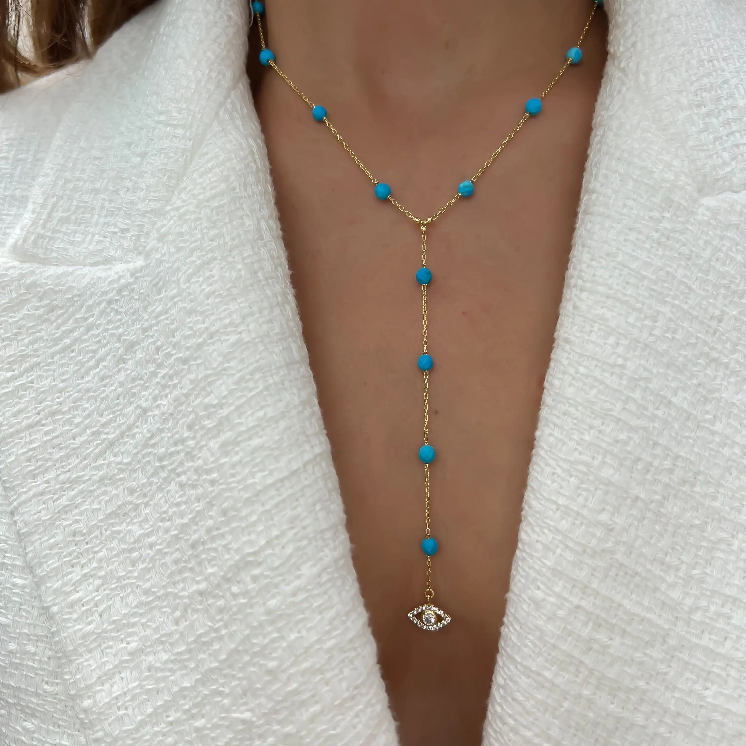 New Fashion Style White Pearl Turquoise Zircon Lucky Evil-Eye Pendant  Lariat Y Long Chain Necklace 5A CZ Bling Charm Women Jewel