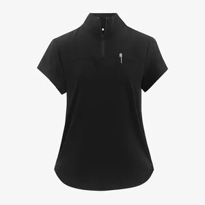 Women Black Uniform Breathable Knitted Short Sleeve Half-Zip Collar Pleated Front Pocket Soft Work Nursing Scrubs Sets