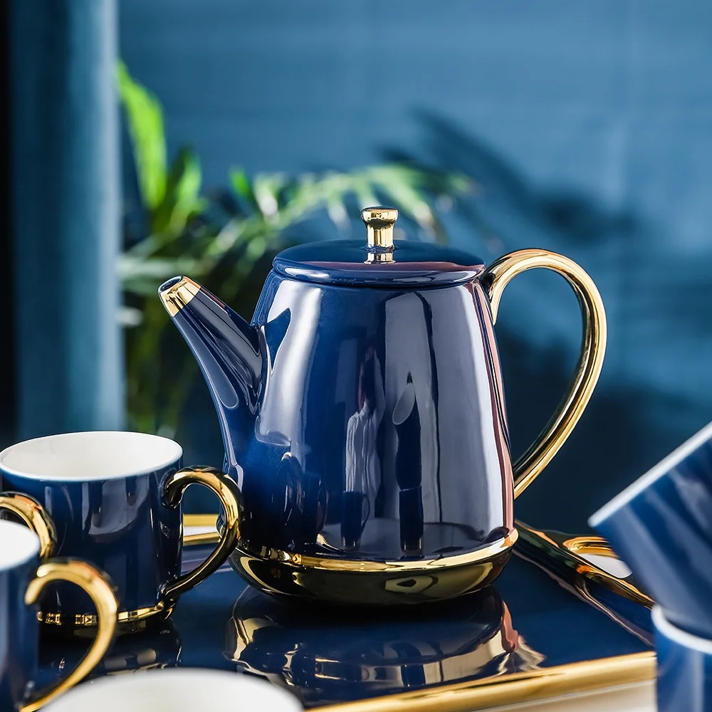 Wholesale Blue Ceramic Tea Set with 6 Cups & Gold Rim, Gift Boxed