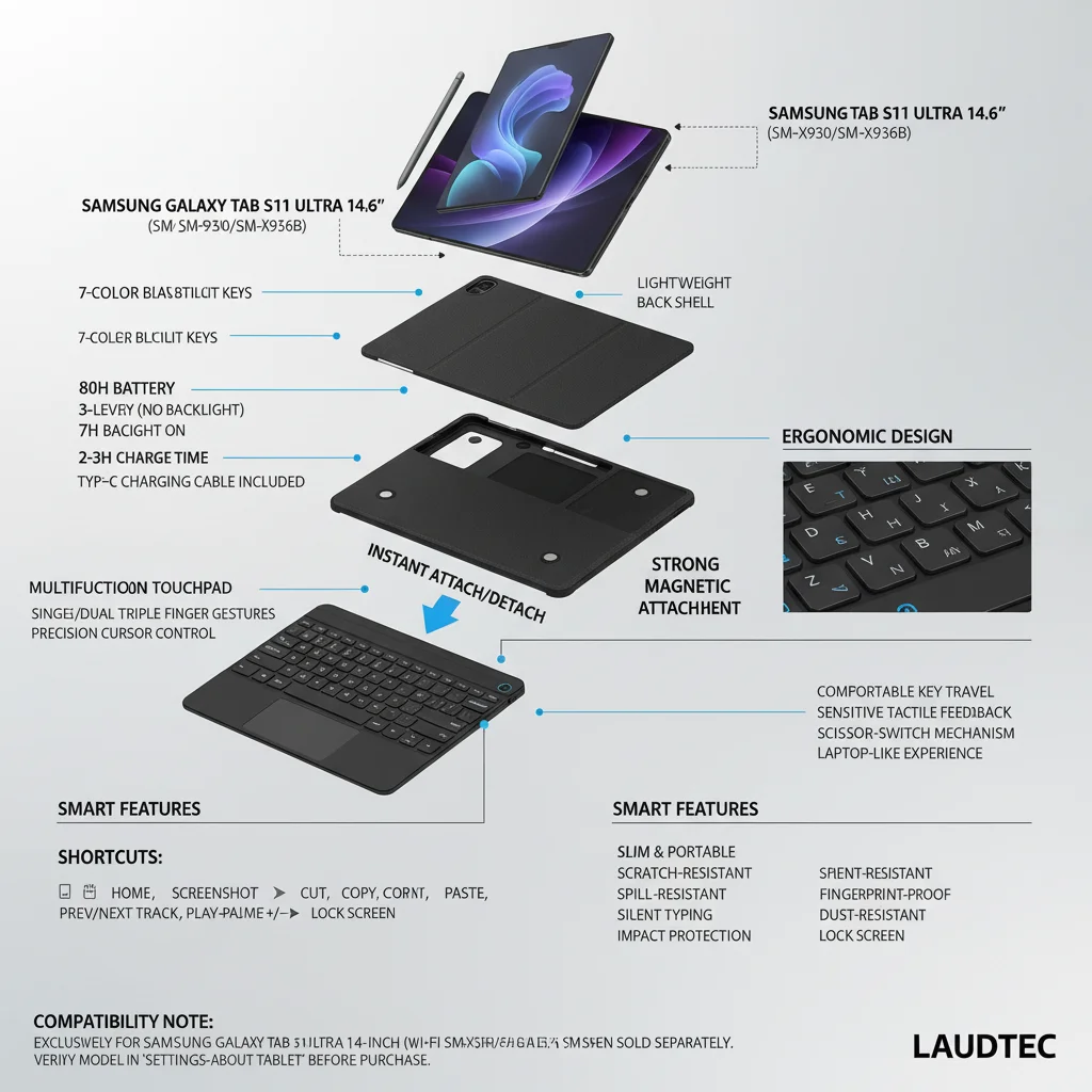 product magic keyboard case for samsung galaxy tab s11 ultra 146 backlit magnetic stand multi touch track pad ai key laudtec-7