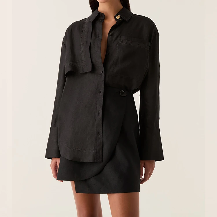 New Design Spring 100% Cotton and Linen Lapel Shirt Long Sleeve Girls Hemp Shirt Casual Clothing Linen