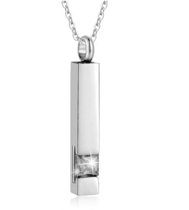 Unisex Stainless Steel Vertical Cubic Bar Container Urn Memorial Pendant Necklace Keepsake 12 color Crystal Cremation Jewelry