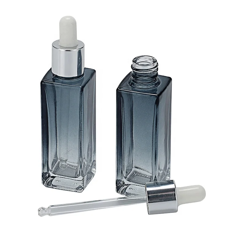Flacon carré aux couleurs dégradées personnalisables, haute qualité, col de 18 mm, contenant en verre pour sérum, emballage cosmétique soin beauté avec pipette