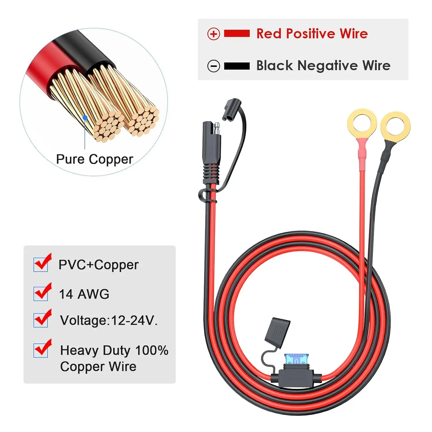 WANGCL 2PCS Cavo connettore SAE Cavo di Ricarica della Batteria con Coperchio + Terminale O Ring 15A Scatole dei fusibili 12v per Trattore per Auto Moto- 16AWG