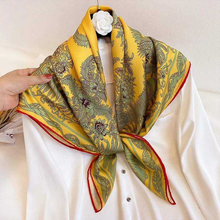 Spring and Autumn Flower Printing Silk Scarf Luxury Retro Print Square Satin Silk Scarf for Women