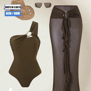 Two-tone Designer Women's Two-piece Swimsuit Set: One-shoulder Swimsuit and Skirt Set with Sheer Cover-up, Sizes S-XL