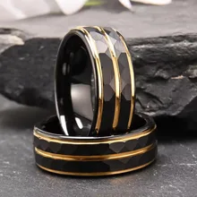 8MM Wholesale Black Hammered Tungsten Carbide Ring Men Gold Thin Line Tungsten Ring Men