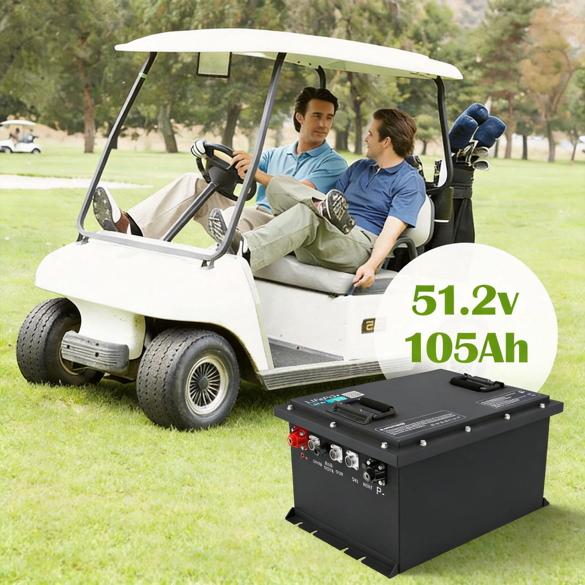 nabíjecí baterie LiFePO4 pro golfové vozíky, 48 V, 105 Ah, 51,2 V, s Bluetooth a inteligentním BMS pro vozíky značek Club Car, EZGO a Yamaha