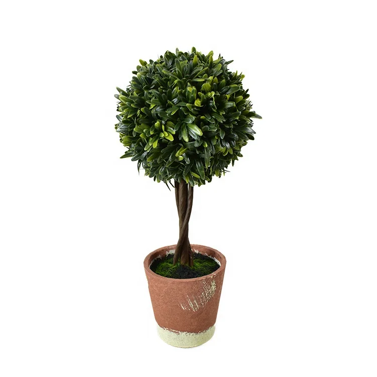 Artificial Boxwood Topiary Tree  Potted Faux Plant Balls in Brown Pulp Planter Tabletop Home