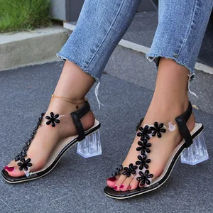 Custom Logo Square Toe Chunky Heeled Women's Sandals Black Flower Pointed Toe Square Heeled High Heeled Sandals for Women