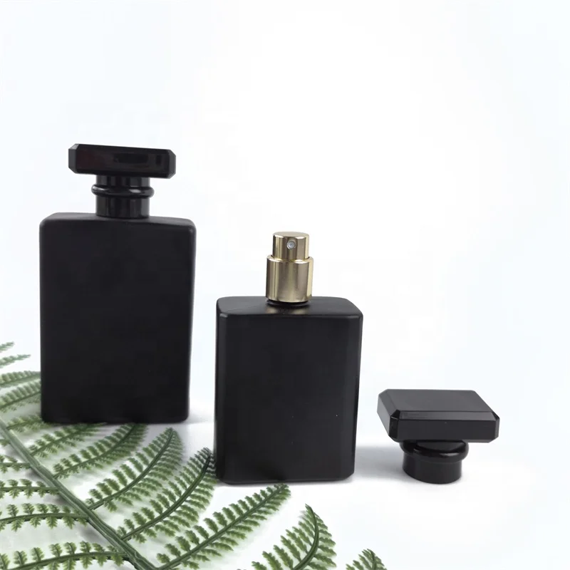 Empty Matte Black Rectangle 30ml 50ml Perfume Glass Bottles Square Parfum Bottle With Screw Sprayer and Top