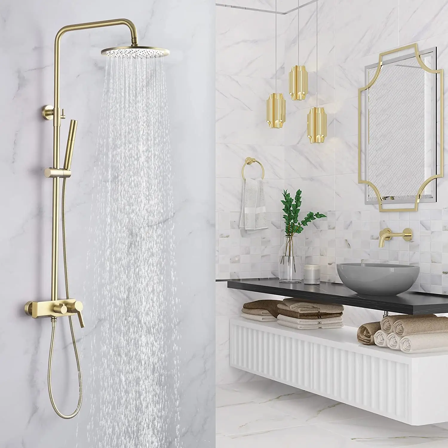 Brushed Gold Exposed Shower System With 2 Modes Handheld 3 Functions ...