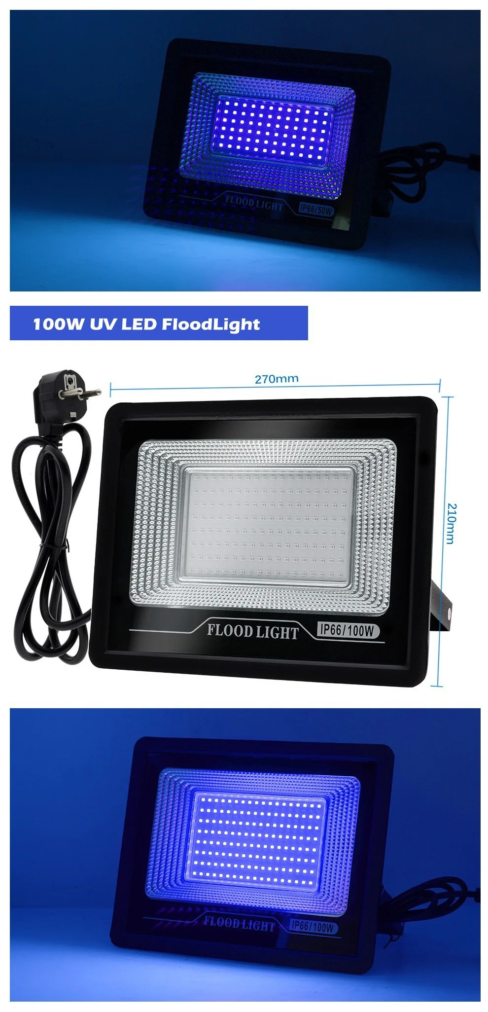 200W 300W IP66 Waterproof UV Flood Outdoor Lamp 100V-240V AC Power for Home E27/E14/E39 Ultraviolet Fluorescent Stage Disco