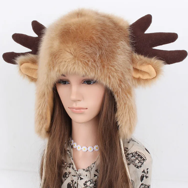 DDA667 Cute Unisex Women Faux Fur Elk Earflap Caps