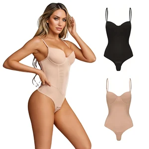 Tummy Control Slimming Full Body Shaper Detachable Straps Double Layer Built-in Bra Bodysuit One Piece T-back Shapewear for Girl
