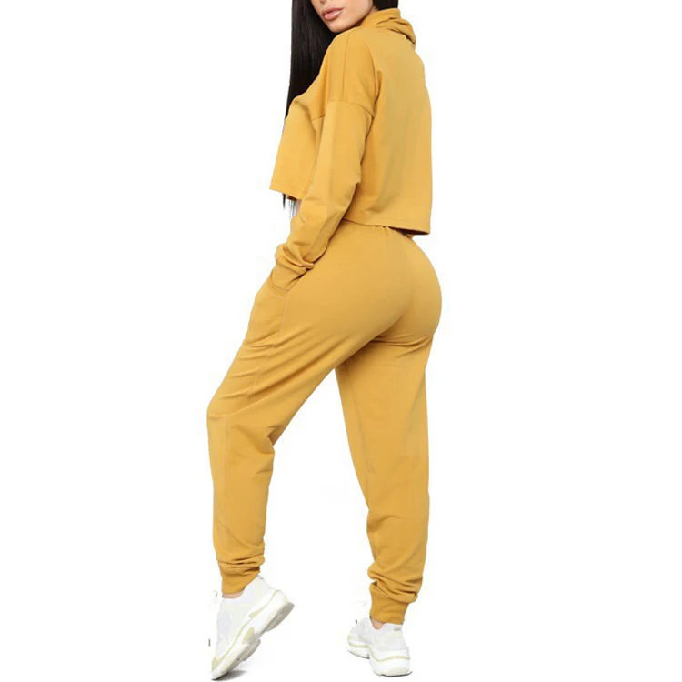 high quality fashion pullover cropped hoodie set solid color womens sweatshirt set