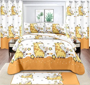 Kids 7pcs Quilt Bedspread Set with Fitted Sheet Carpet Curtains Twin Size Animal Patterns Soft Children's Bed Bedding Set
