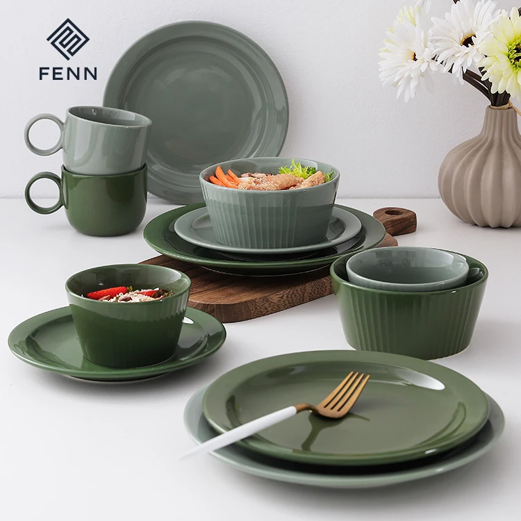 FENN New Trend 7.5/8.5 Inch Scratch Resistant Porcelain Plate Glossy Green Glazed Ceramic Plates For Daily-use