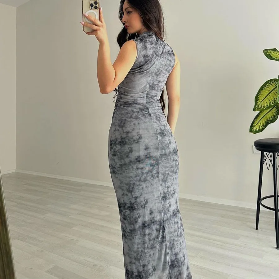 long grey dress casual Gray Wool Fit and Flare Midi Dress – Long Sleeve V Neck Dress 5457 Gray / L main image 0