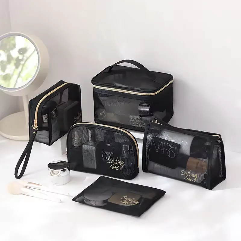 High Quality Nylon Mesh Cosmetic Bag Travel Cosmetic Zipper Pouch Woman Makeup Toiletry Bag Set for Lady