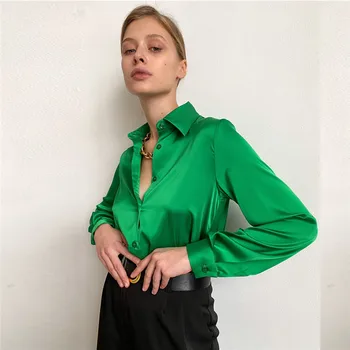 Satin Womens Shirt Turn-down Collar Elegant Office Lady Shirts Women 2022 Spring Fashion Long Sleeve Silk Blouses Tops Cardigan