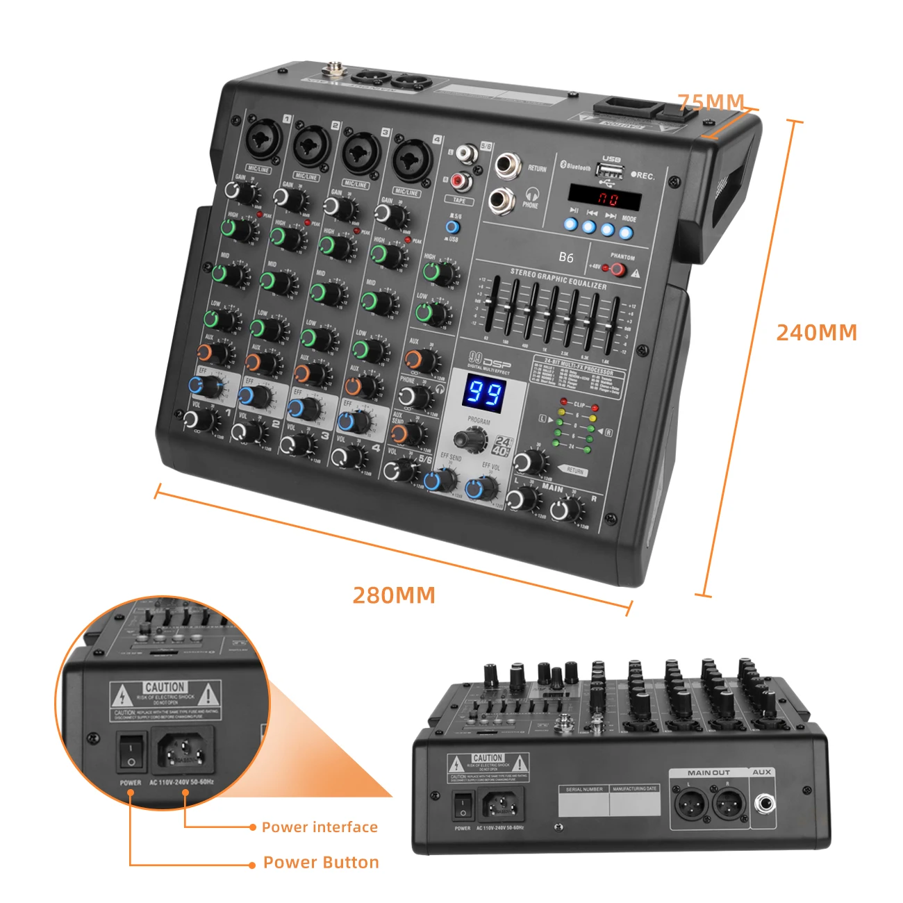 Depusheng B6 6-Channel Portable DJ Mixing Console with DSP