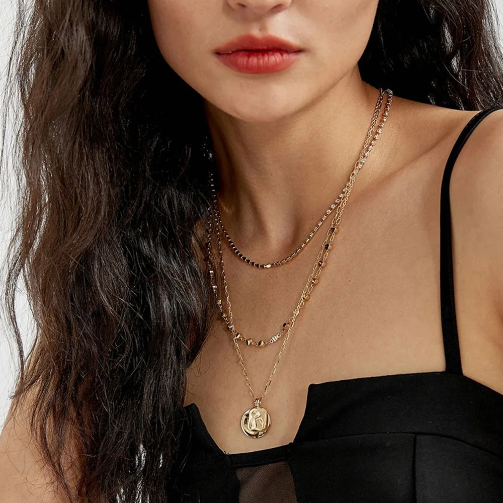 Cross-border Trendy Multi-layer Stacked Geometric Alloy Link Pendant Necklace Gold-color Plated High-grade Light Luxury Niche