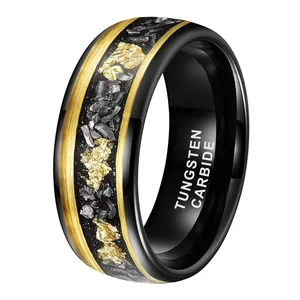 Coolstyle Jewelry Wholesale 8mm Black Tungsten Rings for Men Women Meteorite Gold Foil Inlay Fashion Engagement Wedding Band