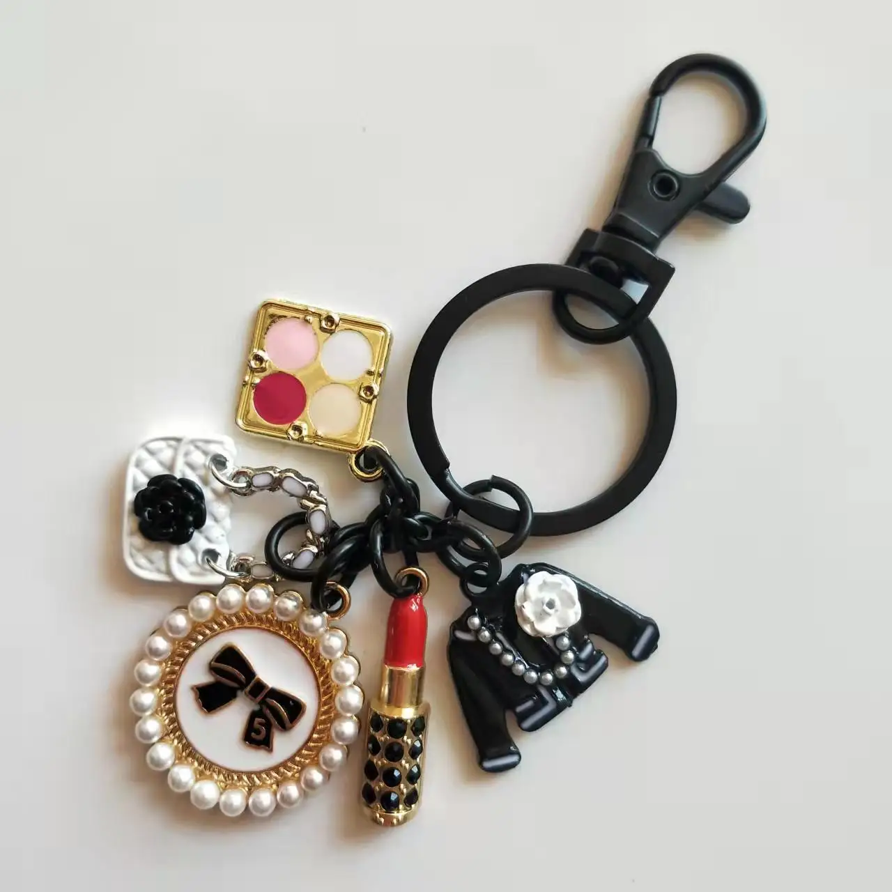 asleepingsheep Camellia Flowers Bag Charm Keychain Key Ring Car Charm Black.White Handmade New