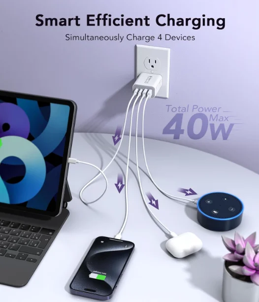 40W USB C Charger Block 2 Pack 4 Port Type C Fast Charging Brick Dual PD QC Wall Plug Adapter Compatible for Phone 11 12 13 14