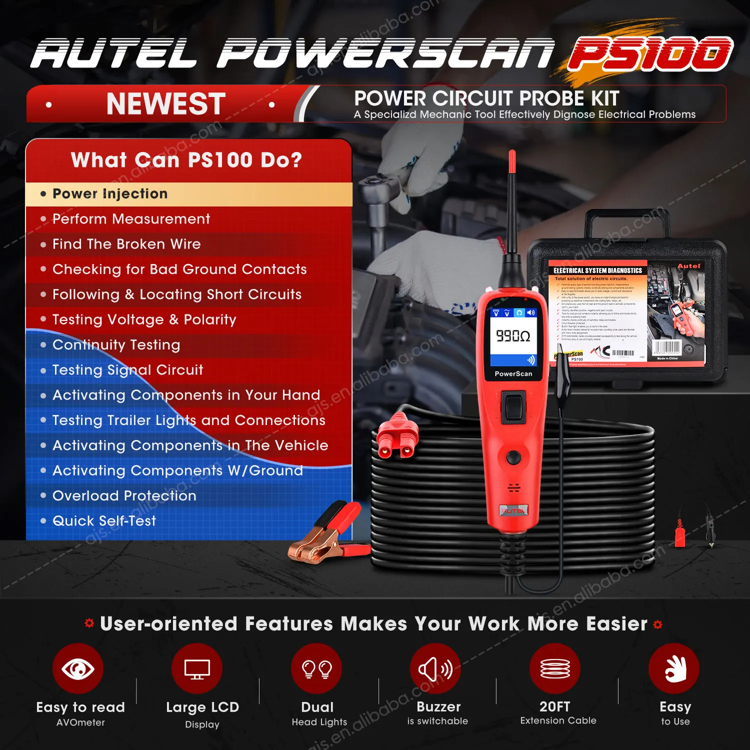 Autel PowerScan PS100 OBD2スキャナー - 自動車電気回路テスター