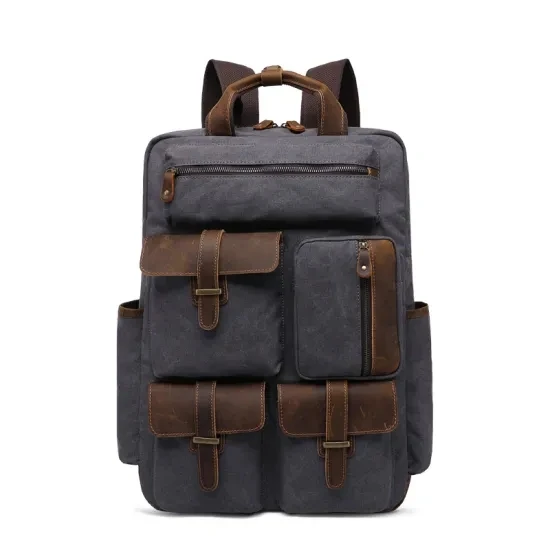 Men's Retro Canvas Crazy Horse Leather Backpack Travel Business Backpack Large Capacity Outdoor Mountaineering Backpack