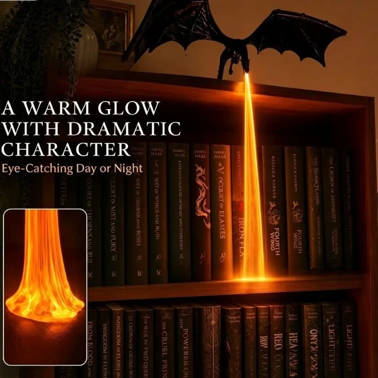 Dragon Book Nook Light Fire Breathing LED Night Lamp Modern Minimalist 3D Printed PLA Bookshelf Decor Corner Light for Gaming