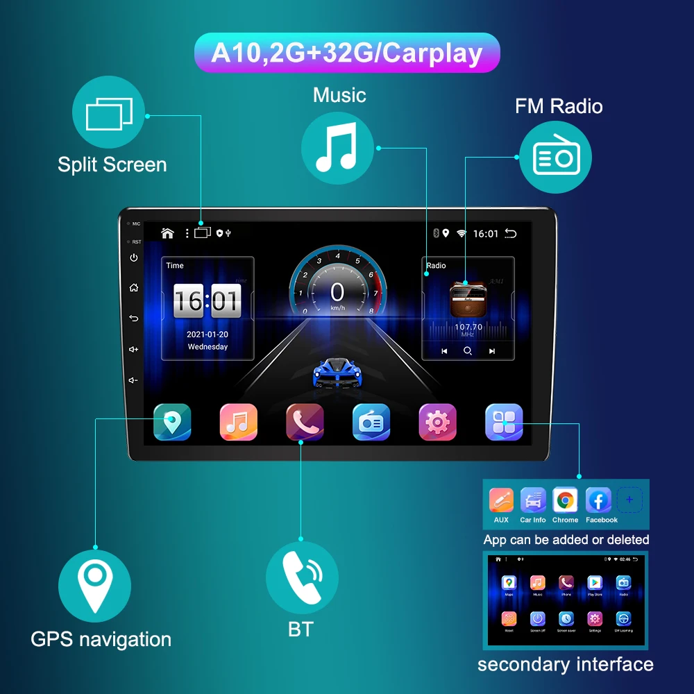 Universal 10inch 2din Ips Screen Multimedia Gps Android 10 Carplay 2