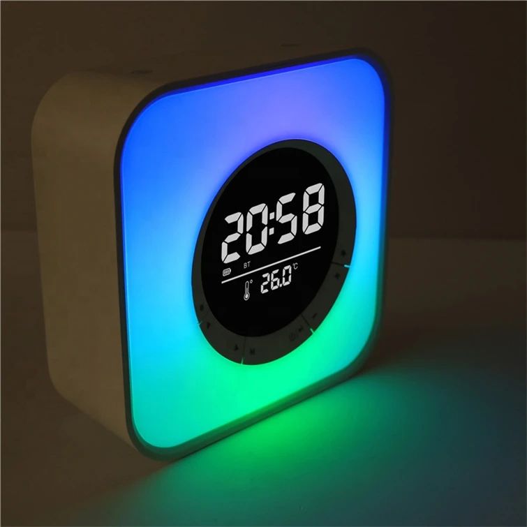 Cube Design Portable Type With Changeable RGB LED Light Speaker With Clock Alarm Function and Thermometer Cool Speaker