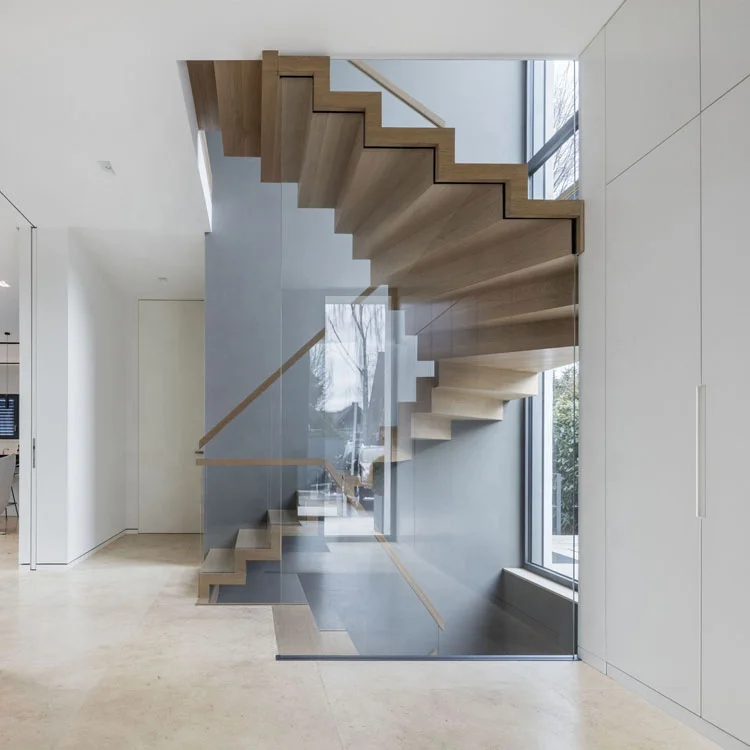 High Quality Zigzag Staircase with Tempered Glass Railing Design Indoor Stainless Double Stringers Stair