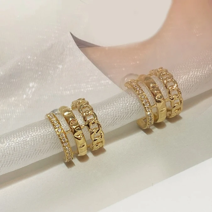 18K Solid Yellow Gold Minimalist Three Layers Semi Hoop Stud Earrings Unique Daily Wear for Women Classic Wedding Jewelry Gift