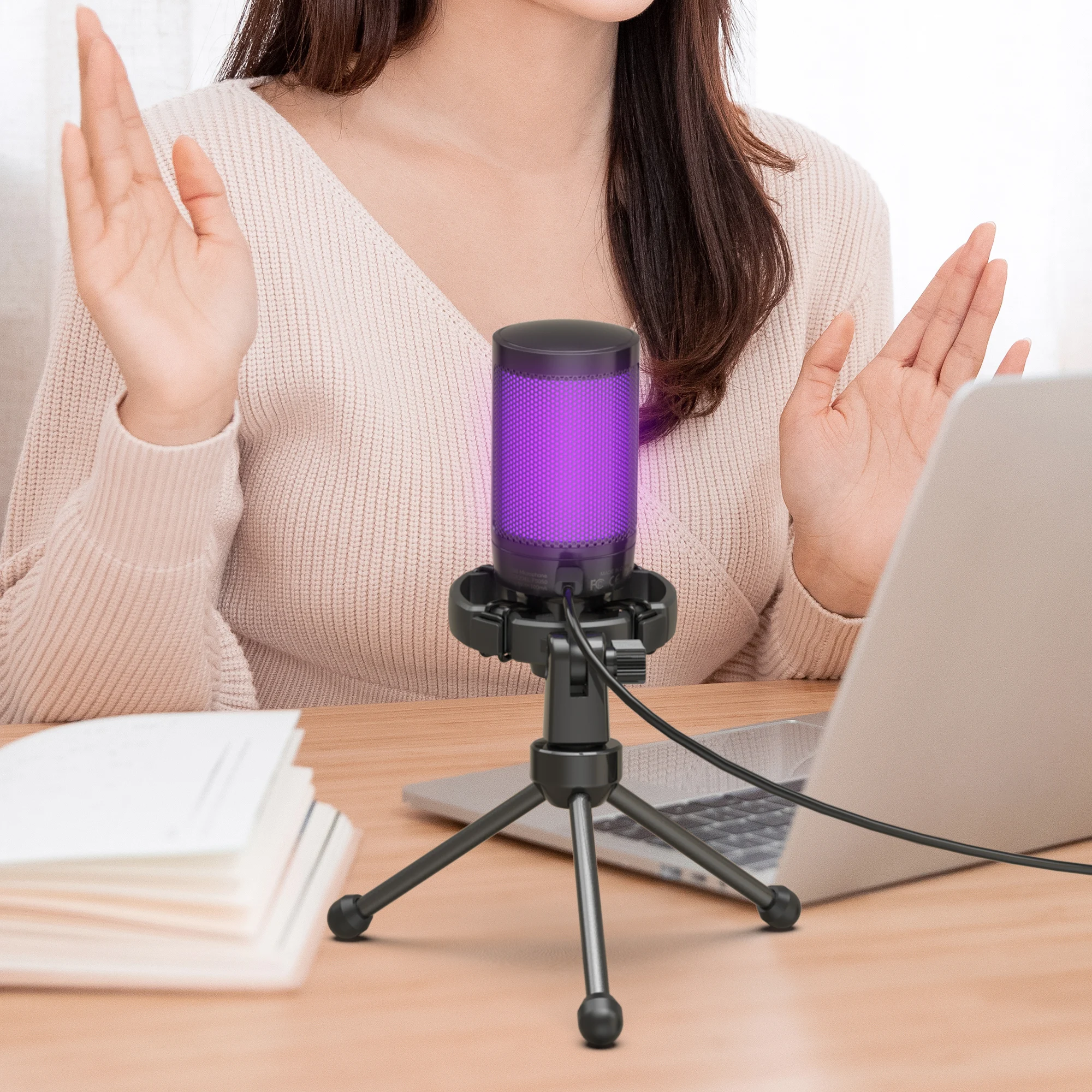 For A2 Standing Condenser Computer Microphone USB RGB Lighting Noise Cancelling Light-weight Wired Gaming Streaming Studio