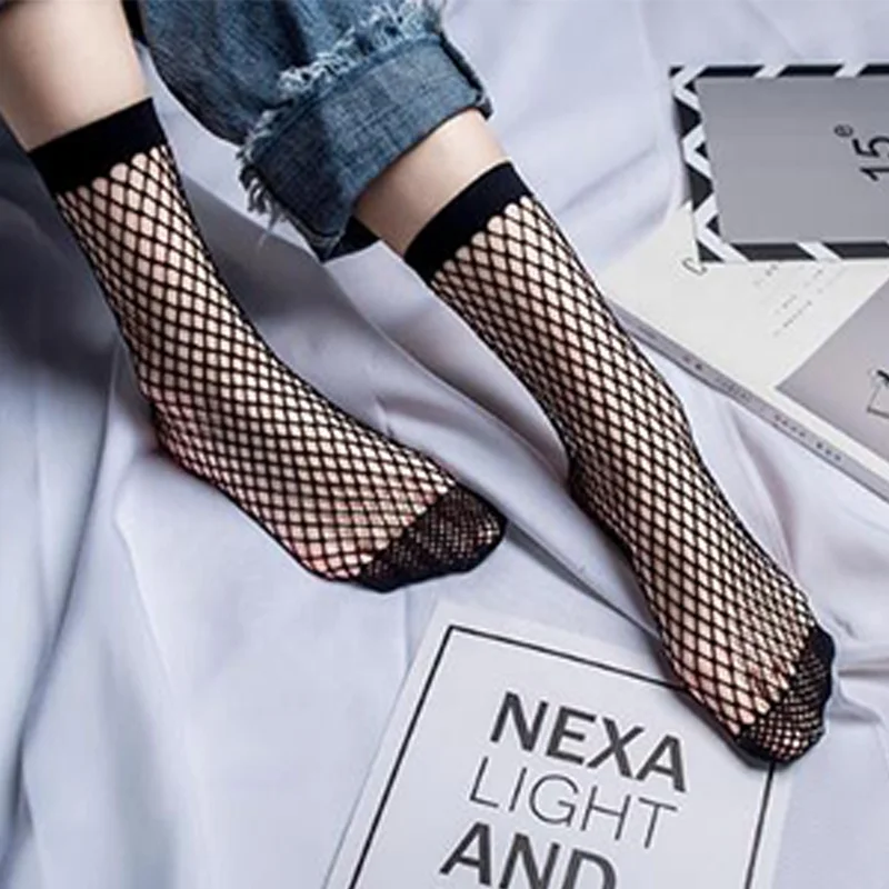 Women Ruffle Fishnet Ankle High Mesh Lace Fish Net Short Socks with Bow Tie