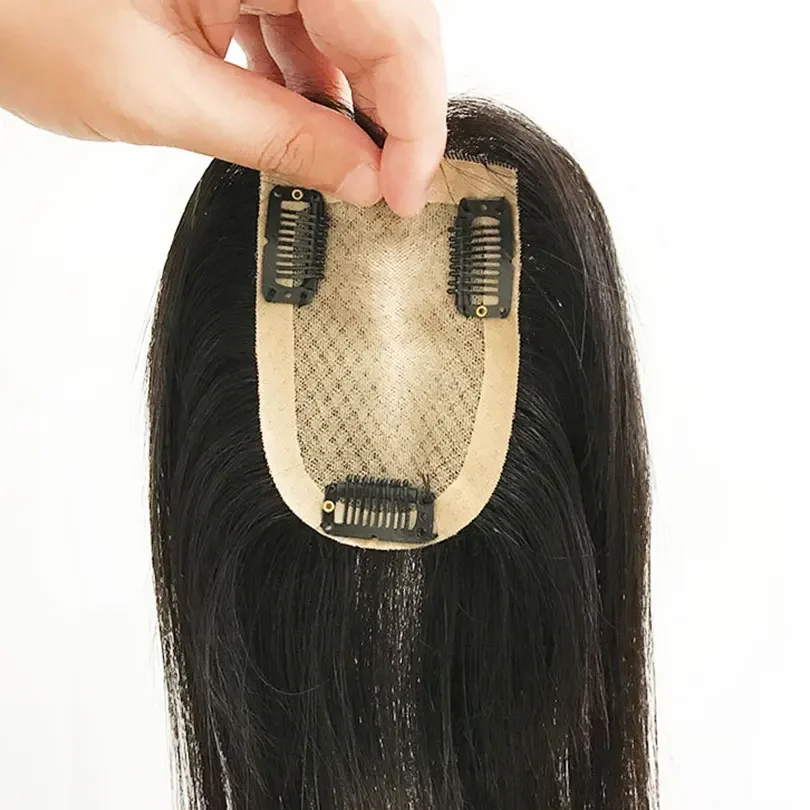 Topper per capelli umani vergini in seta fatto a mano con base in seta per donne, cuoio capelluto naturale, con clip, capelli lisci_voghion.com