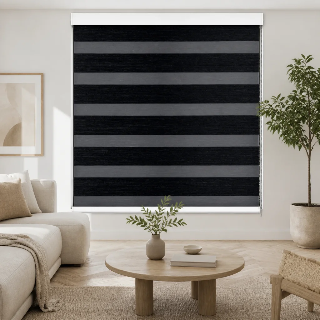 Chain System Zebra Shades Black Gray Dual Layer Fabric Square Headrail White Bead Chain Custom Size Living Room OEM Factory