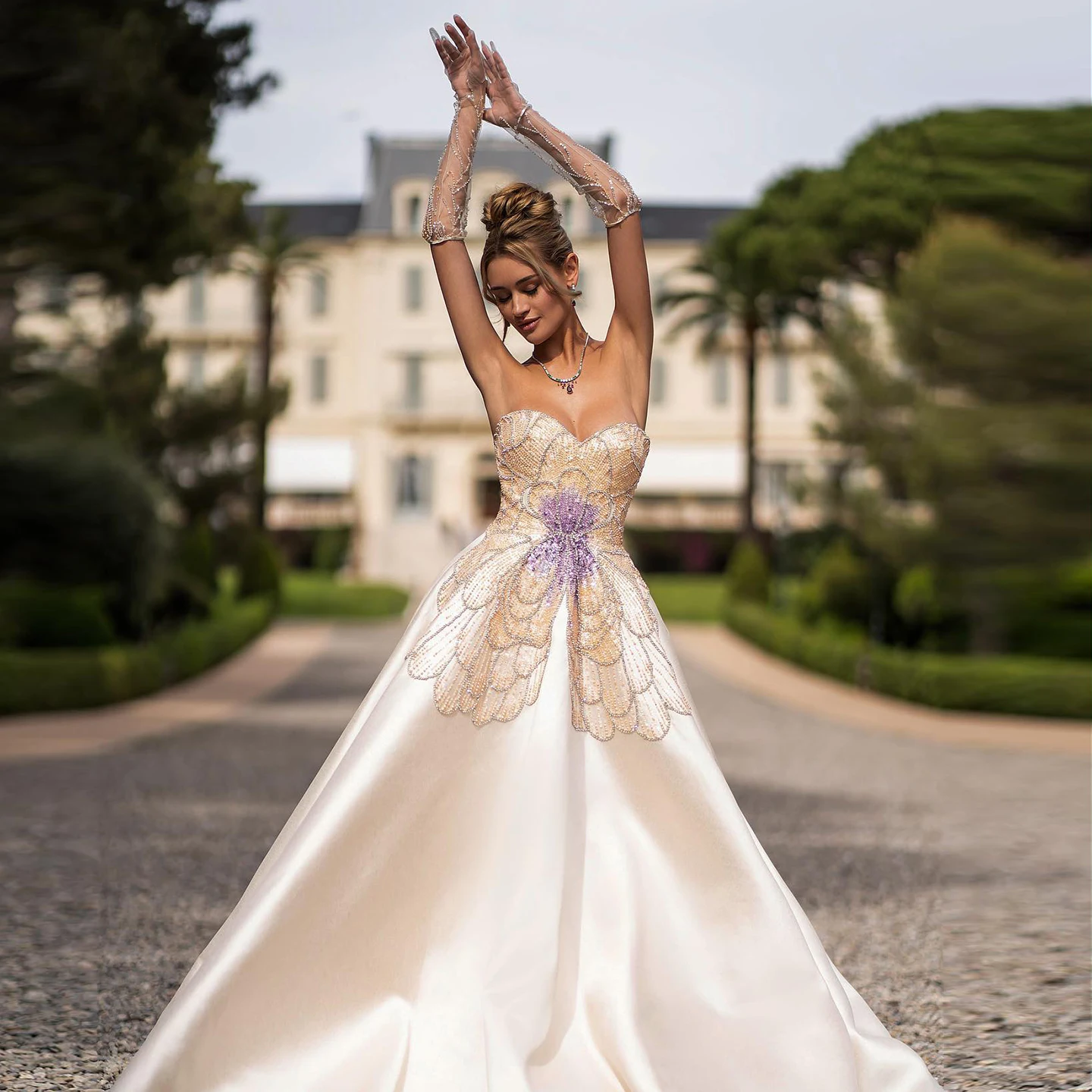 Sharon Said SS467 Luxury Beaded Butterfly Beige Evening Dresses Elegant  Sweetheart Satin Prom Party Gowns