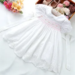 B042863 summer baby girls dresses white smocked handmade cotton kids clothes wholesale children clothing boutiques