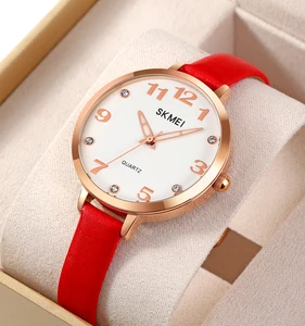 SKMEI 2028 Women's Simple Design Arabic Numbers Quartz Watch with Leather Strap 30m Waterproof Fashionable Lady's Wrist Watch