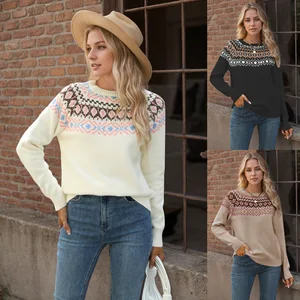 Jacquard Retro Sweater Plus Size Round Neck Pullover Knit Sweater for Women