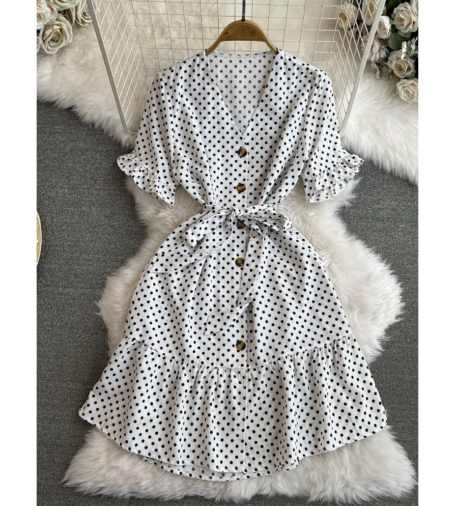 Short Sleeved V-Neck Lace-Up Single-Breasted A-Line Ruffled Polka Dot Dress  Female