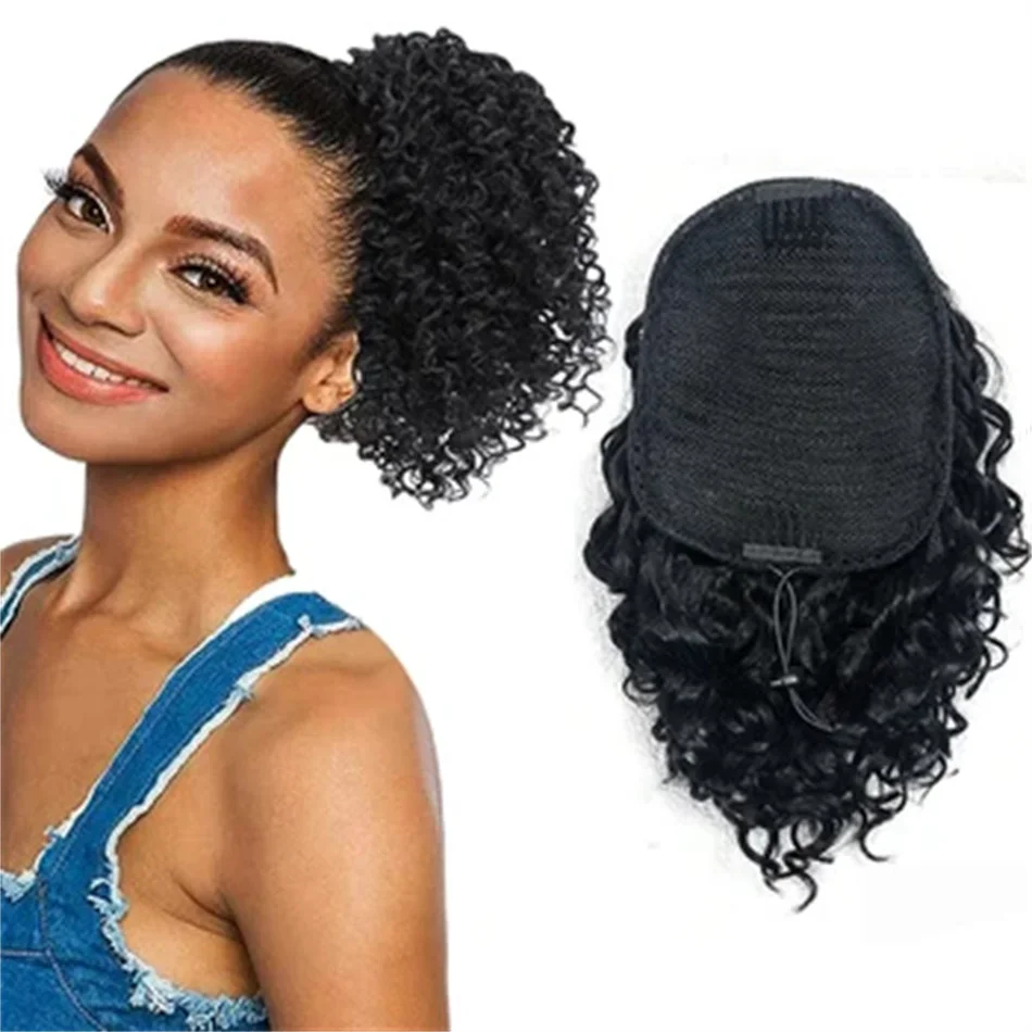 Menselijk haar krullende paardenstaart diepe watergolf extensie trekkoord natuurlijke kleur_voghion.com